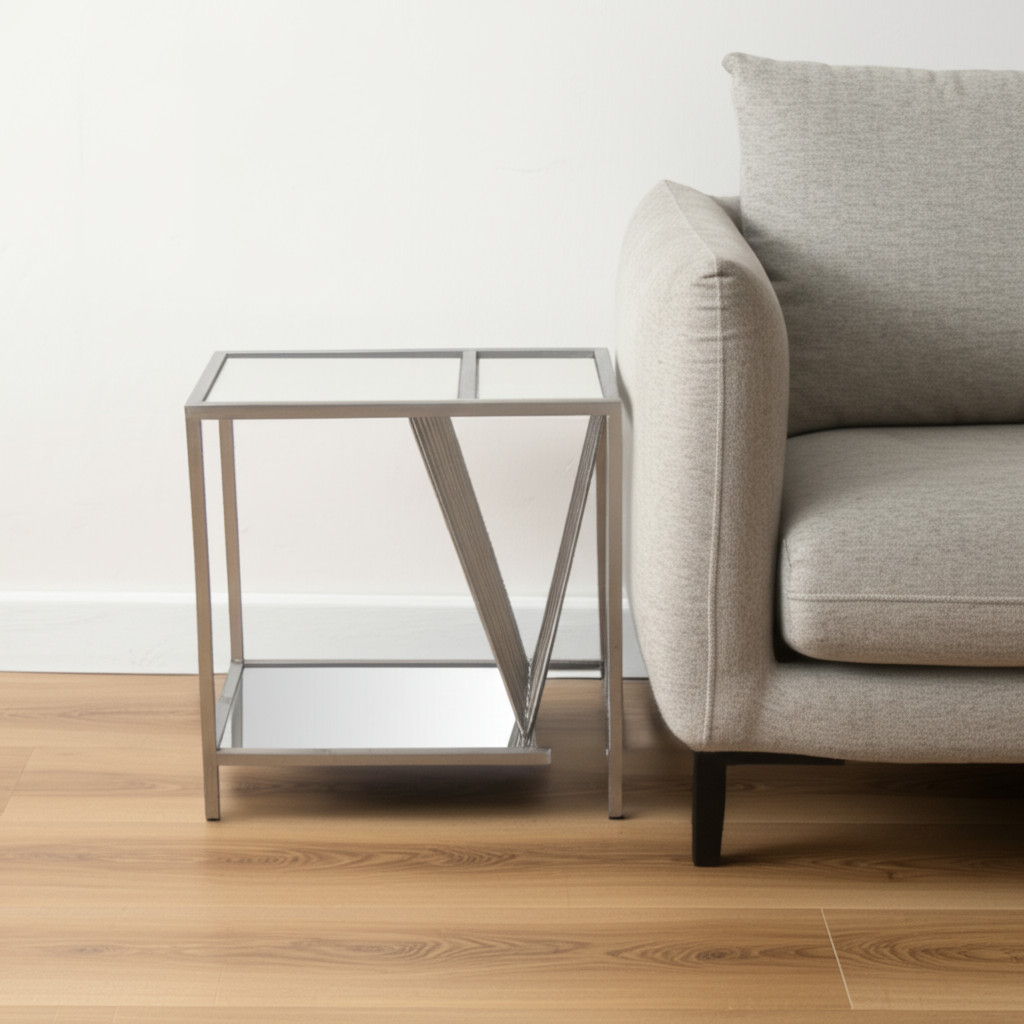24" Silver Mirrored Glass And Iron End Table With Shelf - Image 3