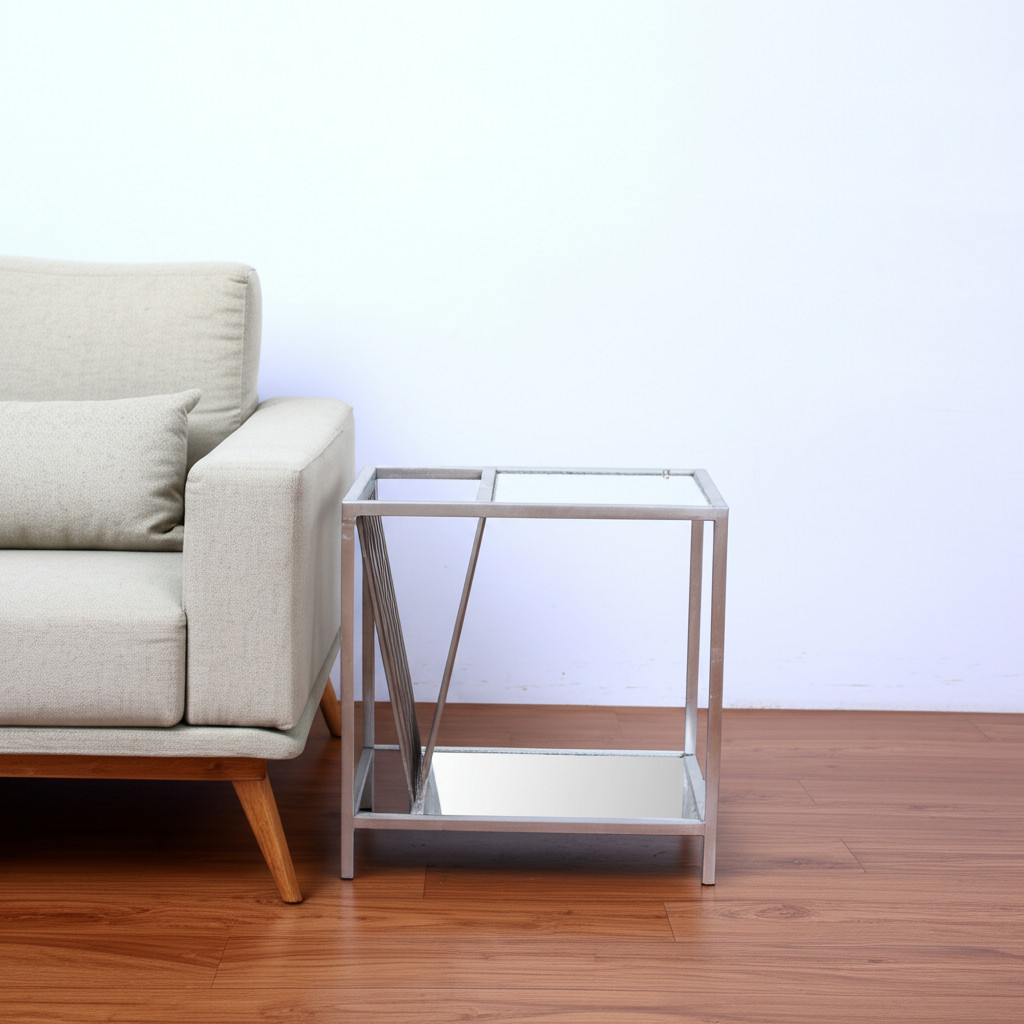 24" Silver Mirrored Glass And Iron End Table With Shelf - Image 2