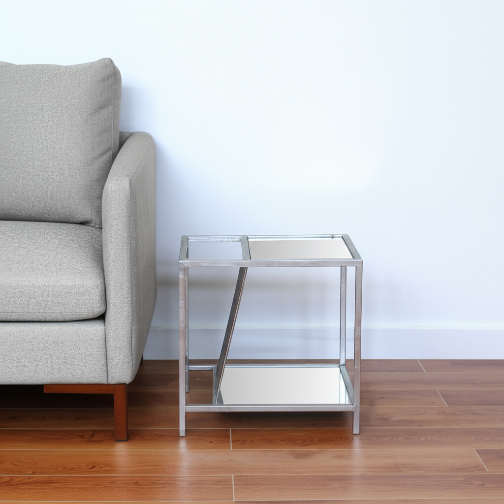 24" Silver Mirrored Glass And Iron End Table With Shelf - Image 7