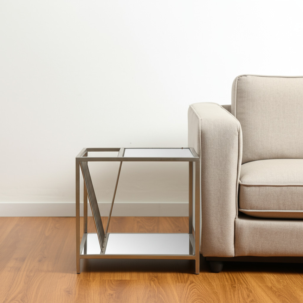 24" Silver Mirrored Glass And Iron End Table With Shelf - Image 6