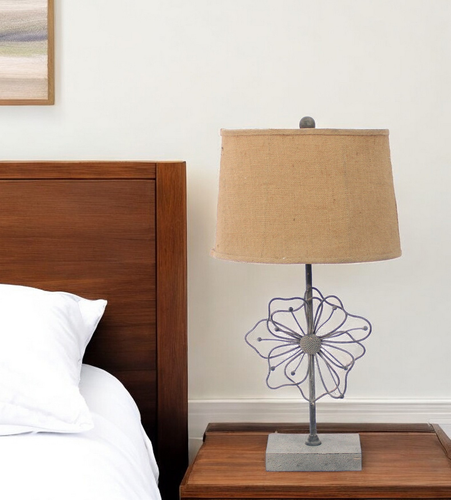 28" Distressed Gray Metal Novelty Bedside Lamp With Khaki Drum Shade - Image 2