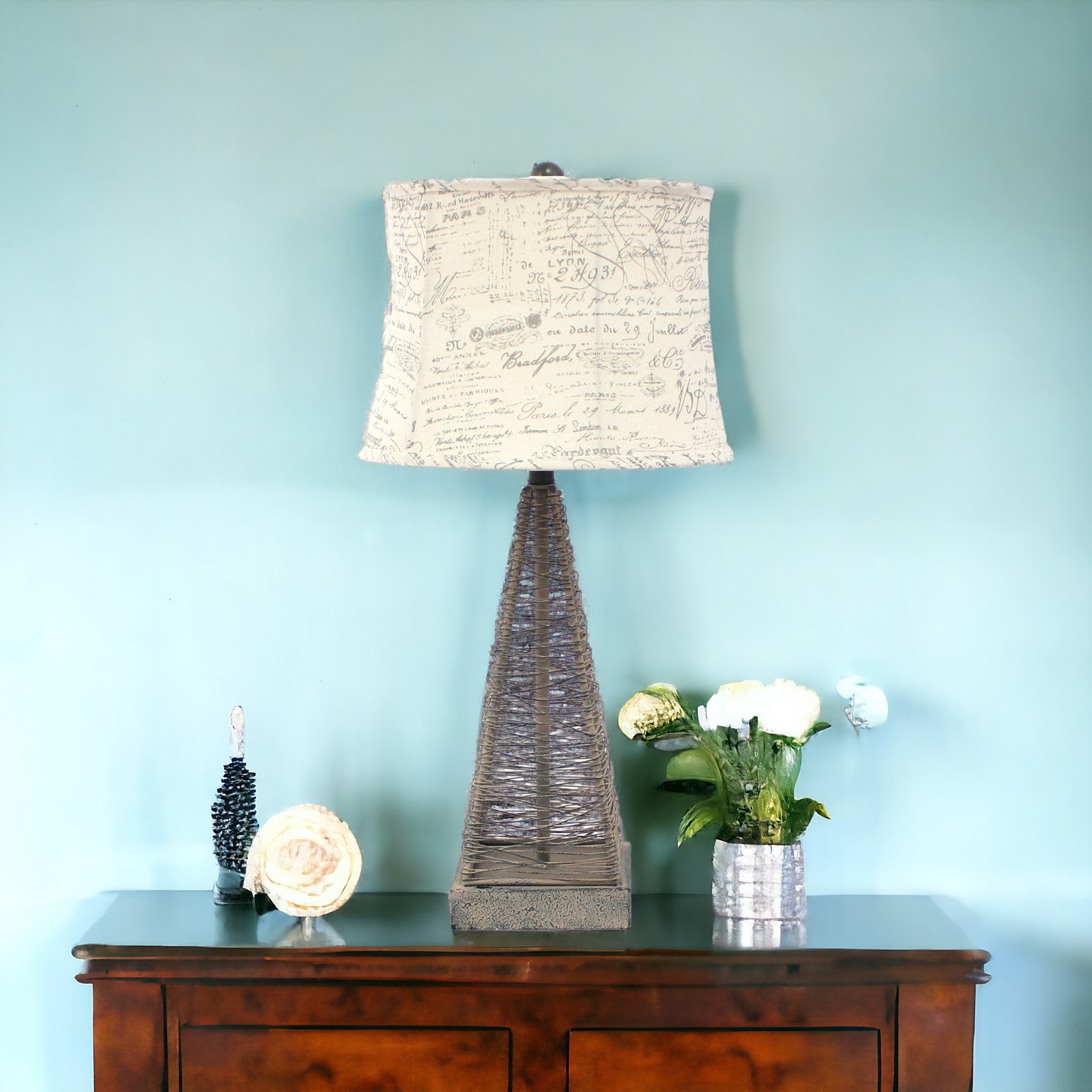 29" Gray Metal Geometric Bedside With White Text Drum Shade - Image 2