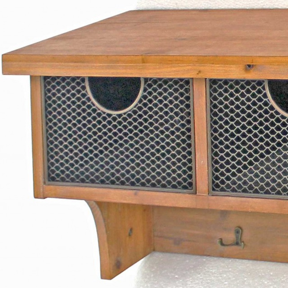 Brown Rustic Wooden Wall Shelf With 3 Drawers And Hooks - Image 7