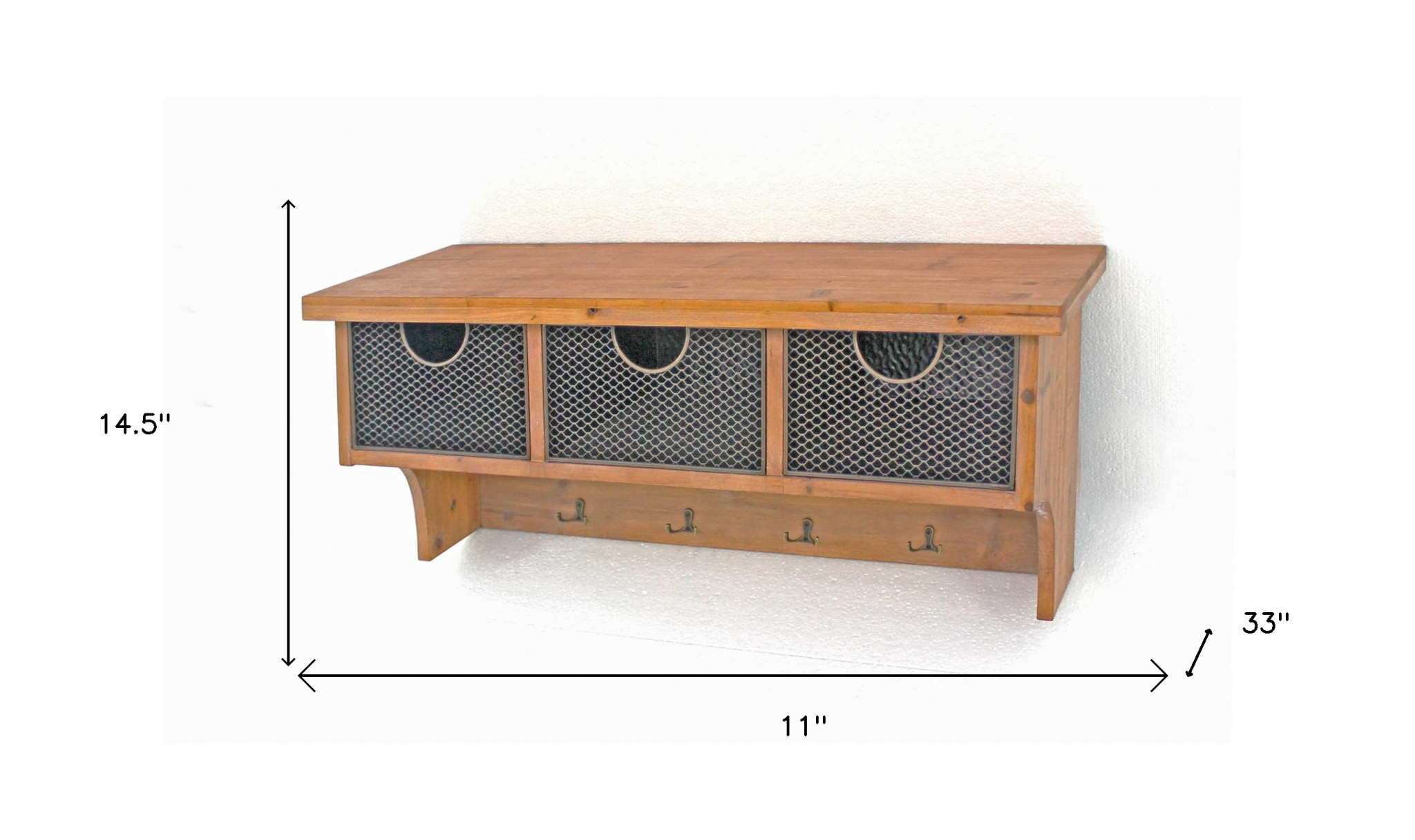 Brown Rustic Wooden Wall Shelf With 3 Drawers And Hooks - Image 11