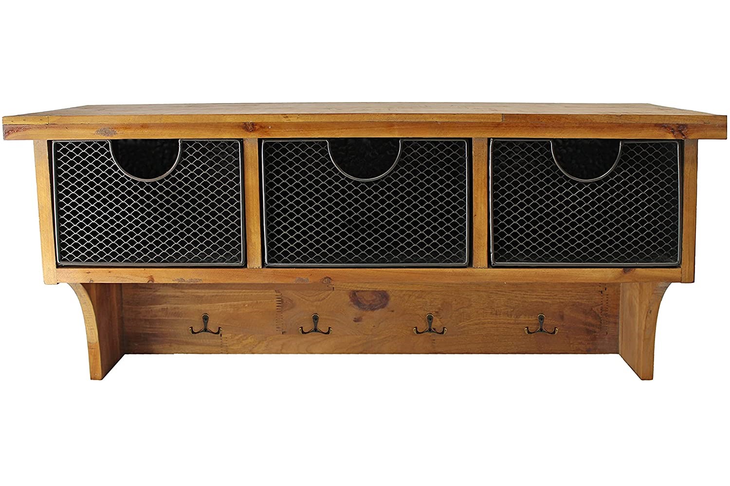 Brown Rustic Wooden Wall Shelf With 3 Drawers And Hooks - Image 2