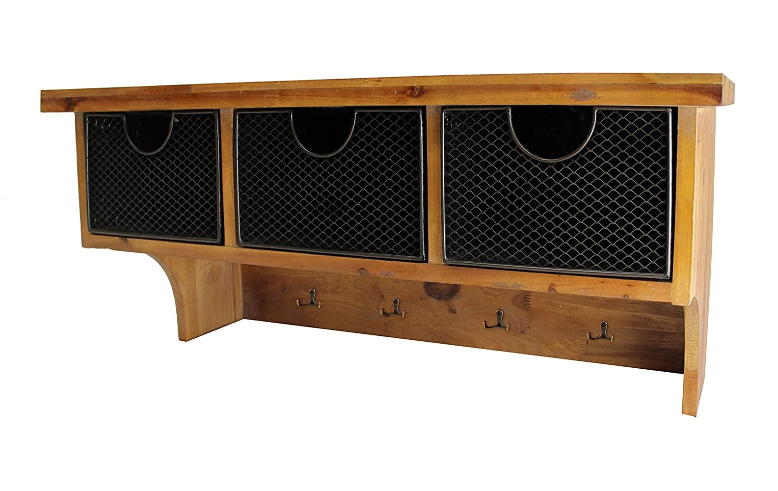 Brown Rustic Wooden Wall Shelf With 3 Drawers And Hooks - Image 3