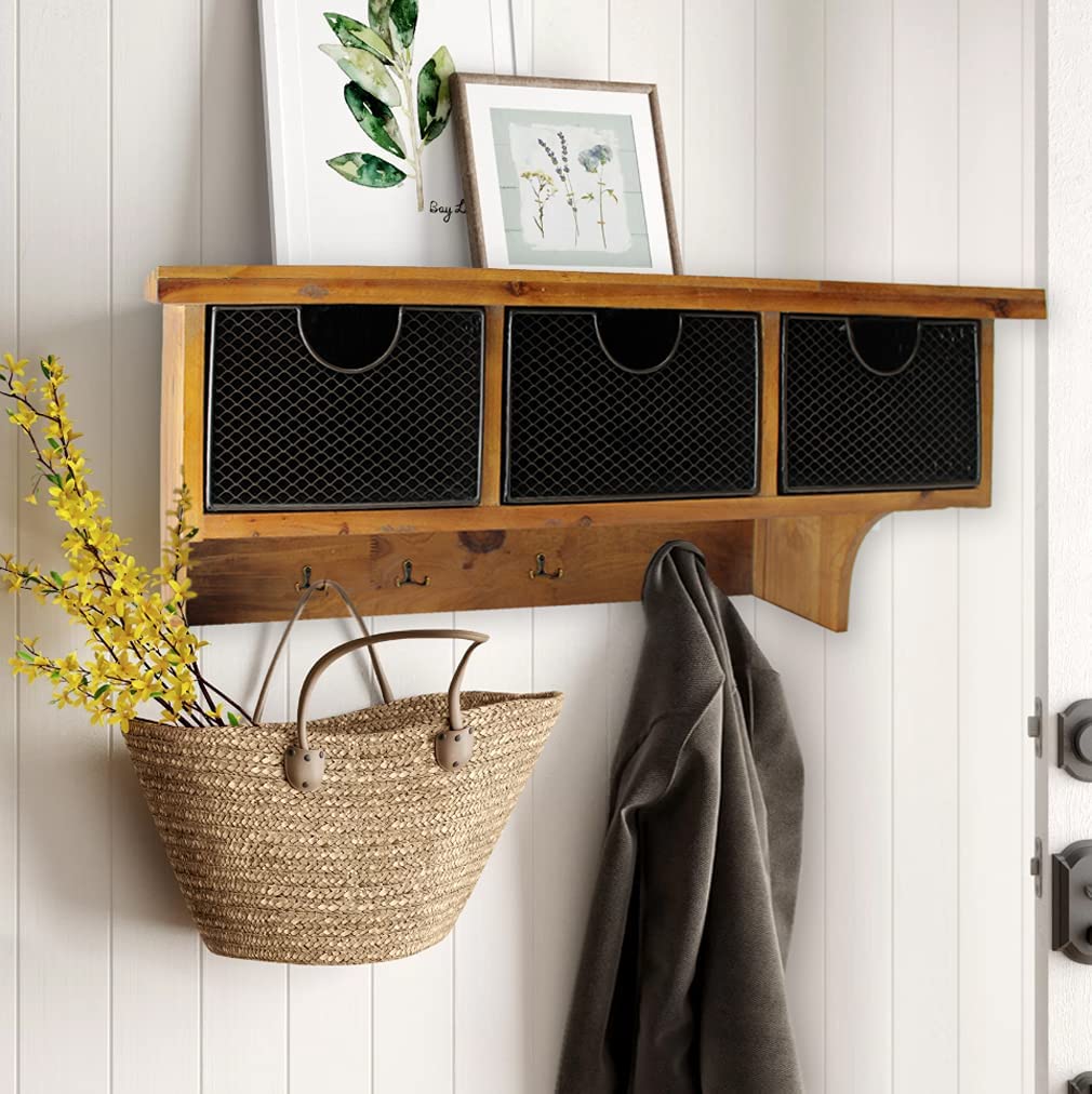 Brown Rustic Wooden Wall Shelf With 3 Drawers And Hooks - Image 9