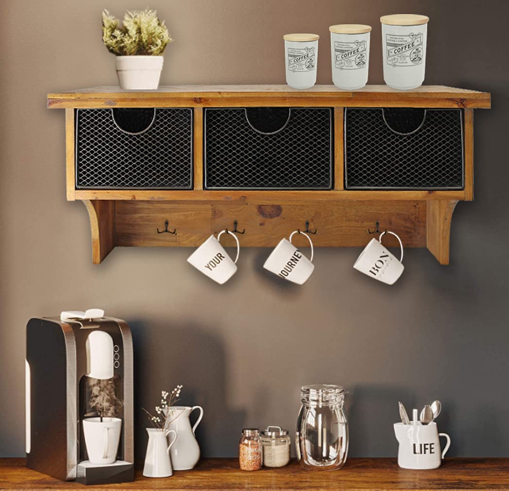 Brown Rustic Wooden Wall Shelf With 3 Drawers And Hooks - Image 10
