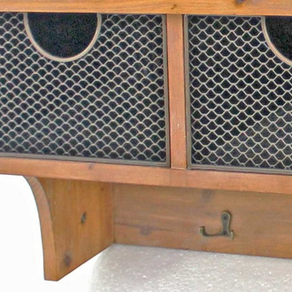 Brown Rustic Wooden Wall Shelf With 3 Drawers And Hooks - Image 6