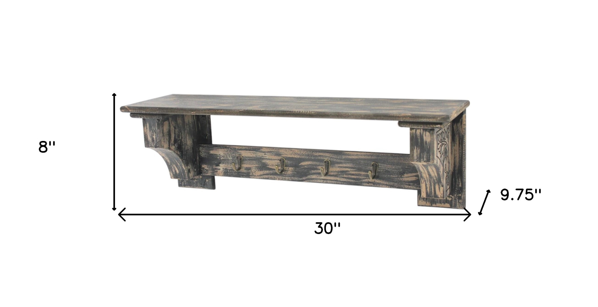 30" Black Distressed Wood Four Hook Wall Mounted Hanging Coat Rack - Image 7
