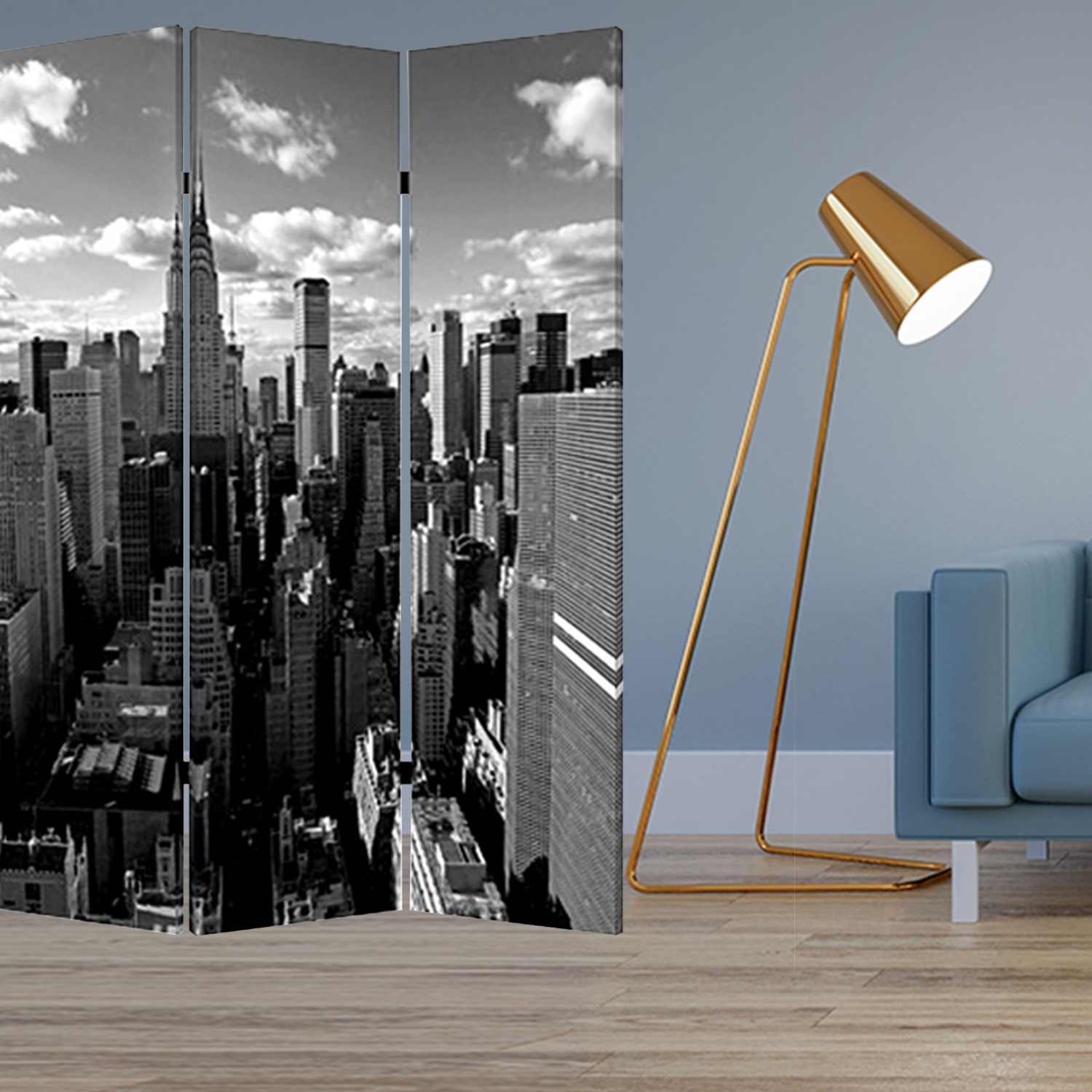48" X 72" Multi Color Wood Canvas New York Skyline Screen - Image 4