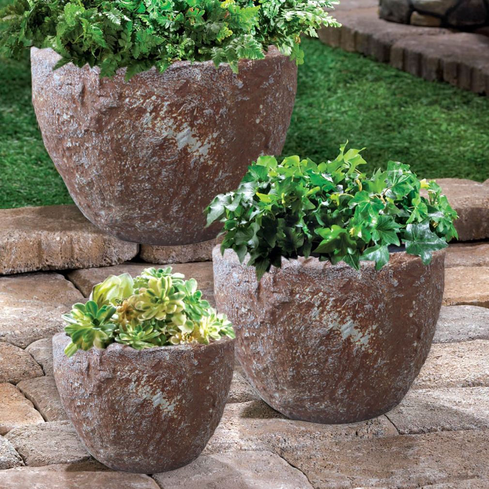 Set of Three 21" Brown Stone Indoor Outdoor Round Pot Planter - Image 5