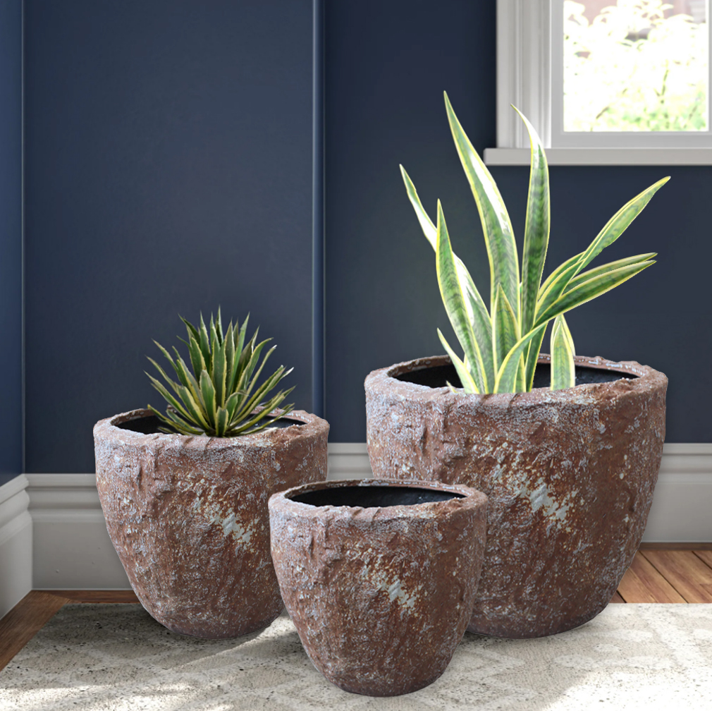 Set of Three 21" Brown Stone Indoor Outdoor Round Pot Planter - Image 6