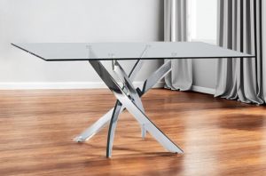 63" Clear And Silver Glass And Stainless Steel Pedestal Base Dining Table