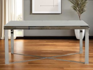 80" Clear And Silver Solid Wood And Stainless Steel Trestle Base Dining Table