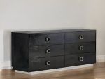 63" Black Six Drawer Shagreen Faux Croc Double Dresser