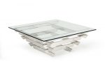 39" Clear and Silver Glass And Stainless Steel Square Sled Coffee Table With Shelf