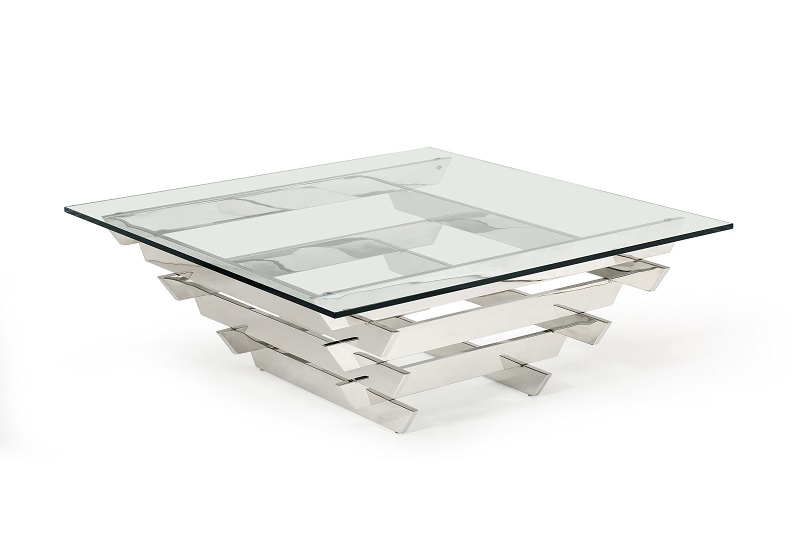 39" Clear and Silver Glass And Stainless Steel Square Sled Coffee Table With Shelf