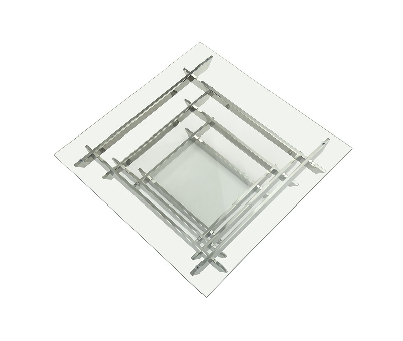 39" Clear and Silver Glass And Stainless Steel Square Sled Coffee Table With Shelf - Image 3