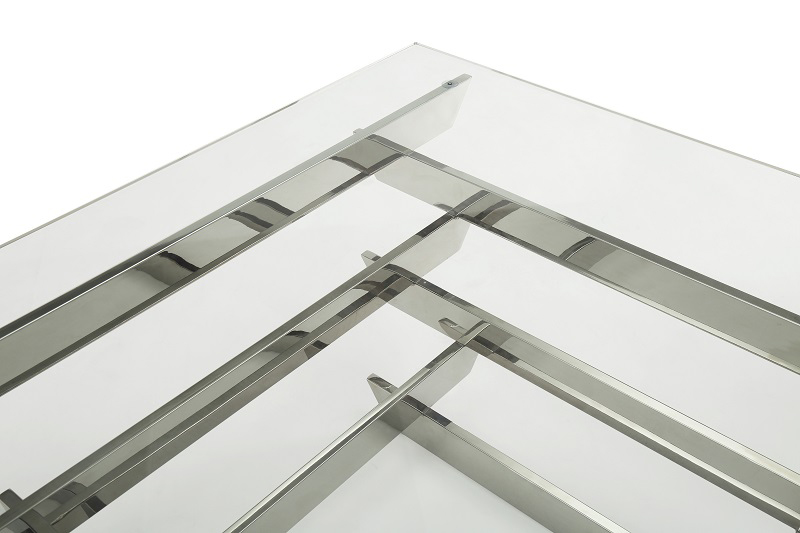 39" Clear and Silver Glass And Stainless Steel Square Sled Coffee Table With Shelf - Image 4