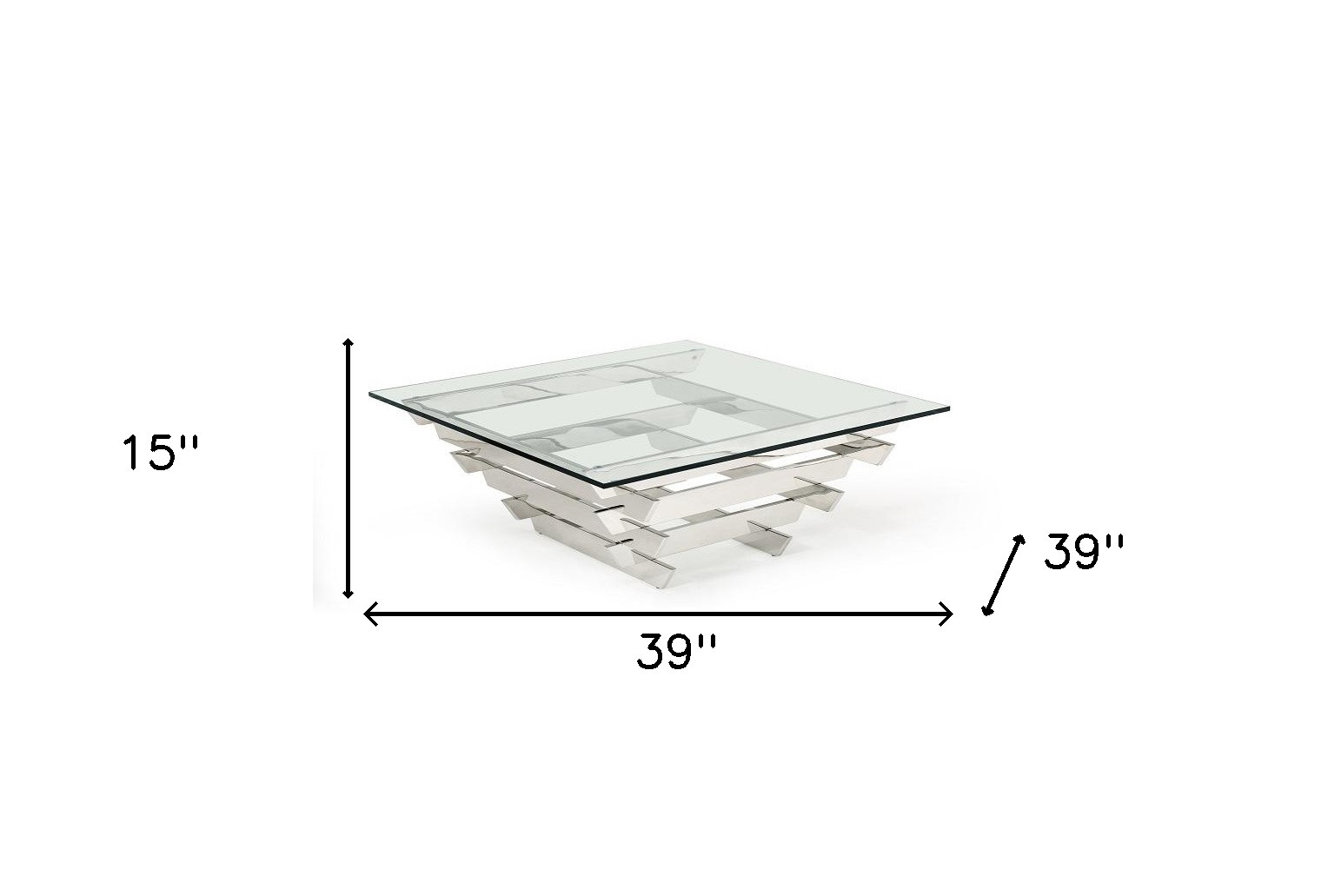 39" Clear and Silver Glass And Stainless Steel Square Sled Coffee Table With Shelf - Image 5