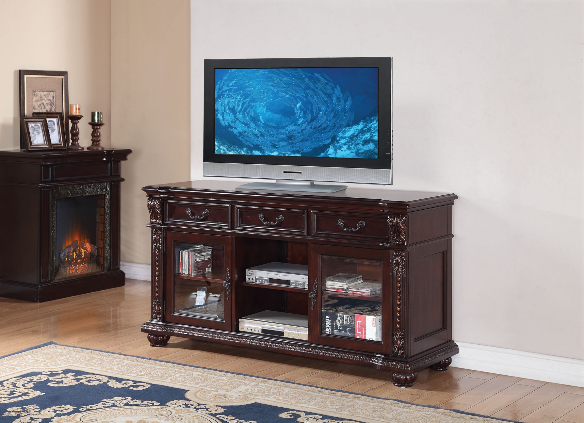 65" Dark Brown Solid Wood Enclosed and Open Storage TV Stand - Image 5