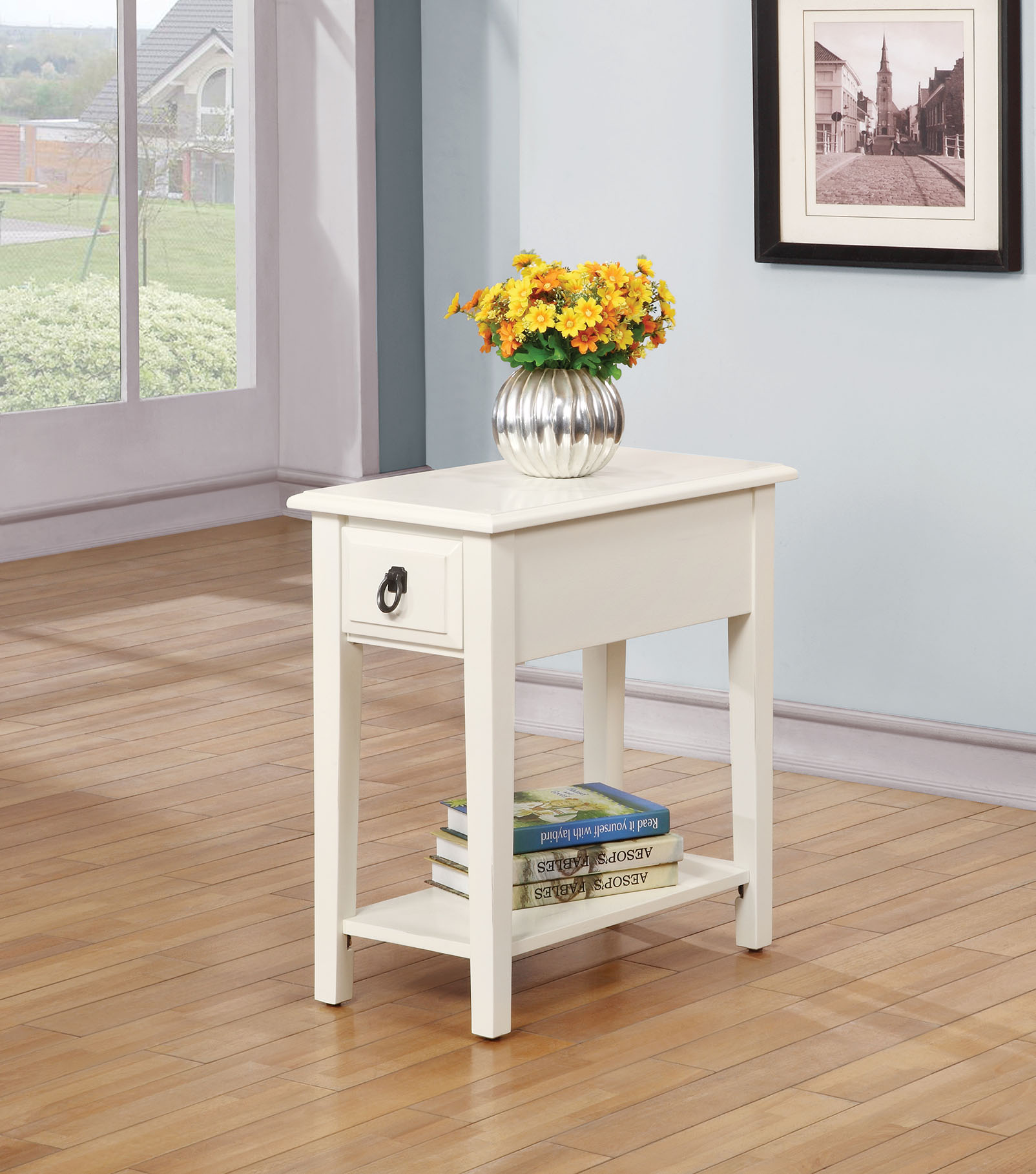 23" White Wood End Table With Drawer And Magazine Holder - Image 3