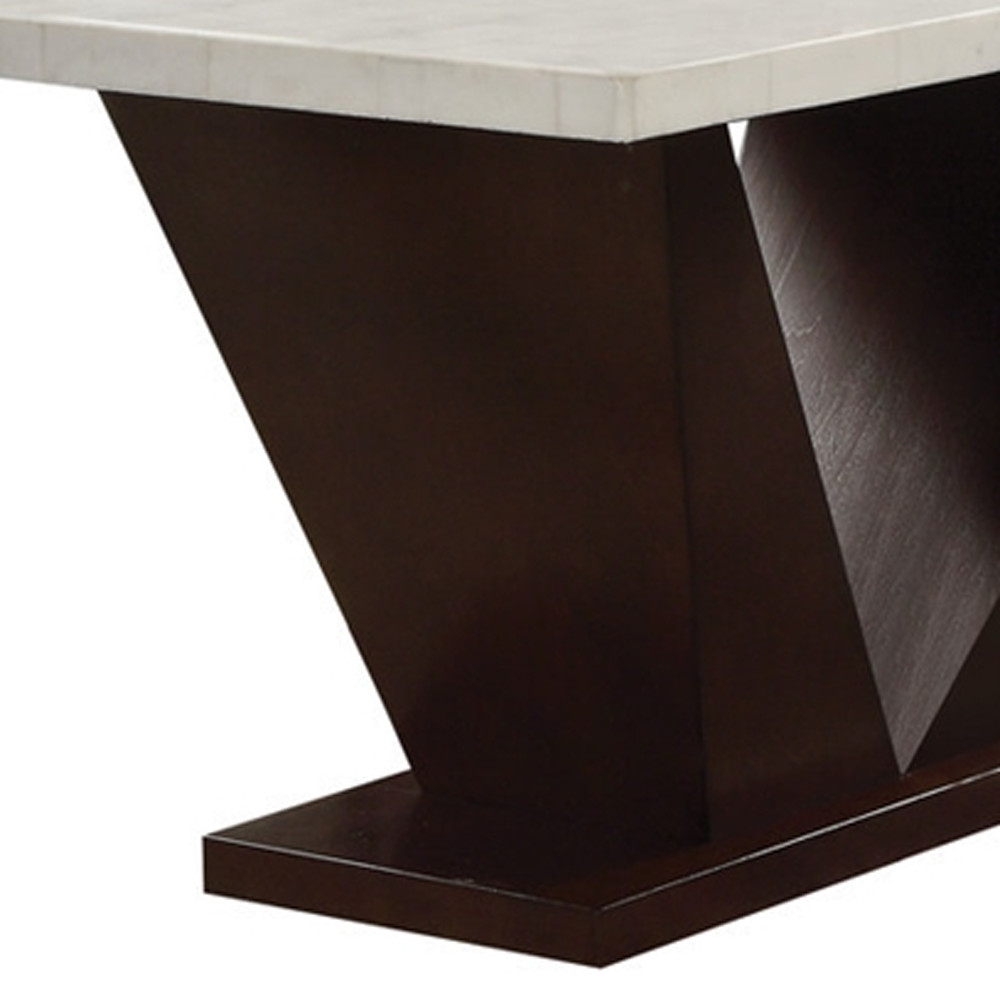 64" White And Dark Brown Marble And Solid Manufactured Wood Pedestal Base Dining Table - Image 3