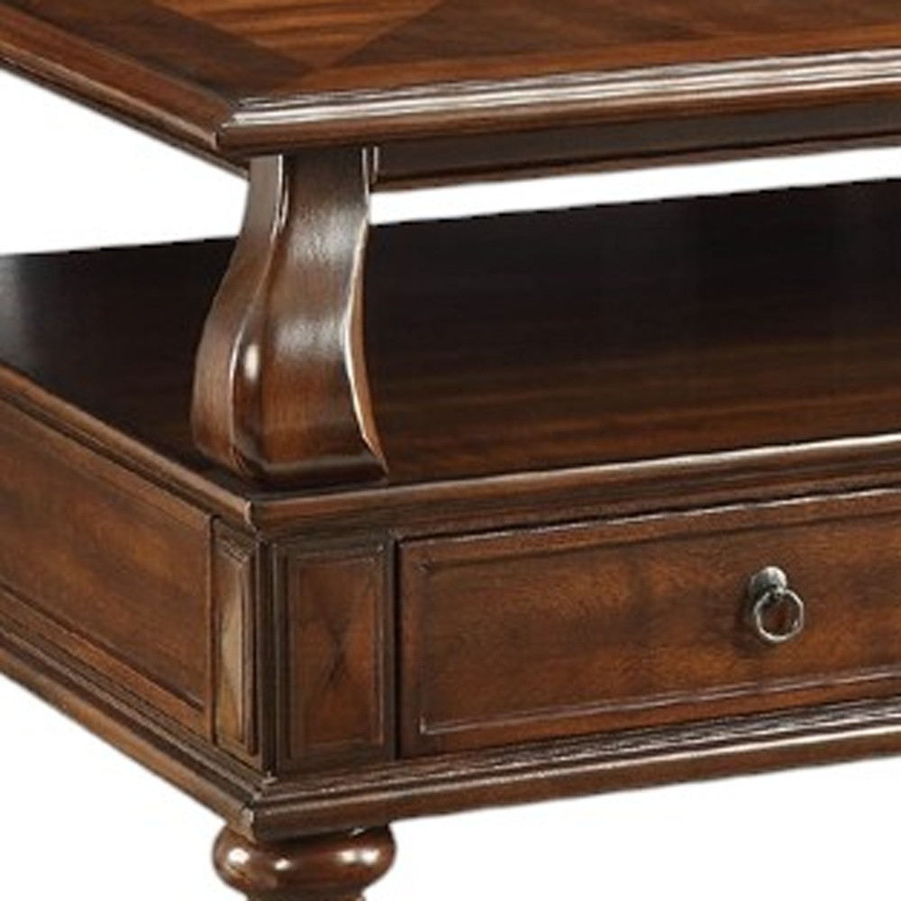 50" Dark Brown Solid Wood Coffee Table With Two Drawers And Shelf - Image 3