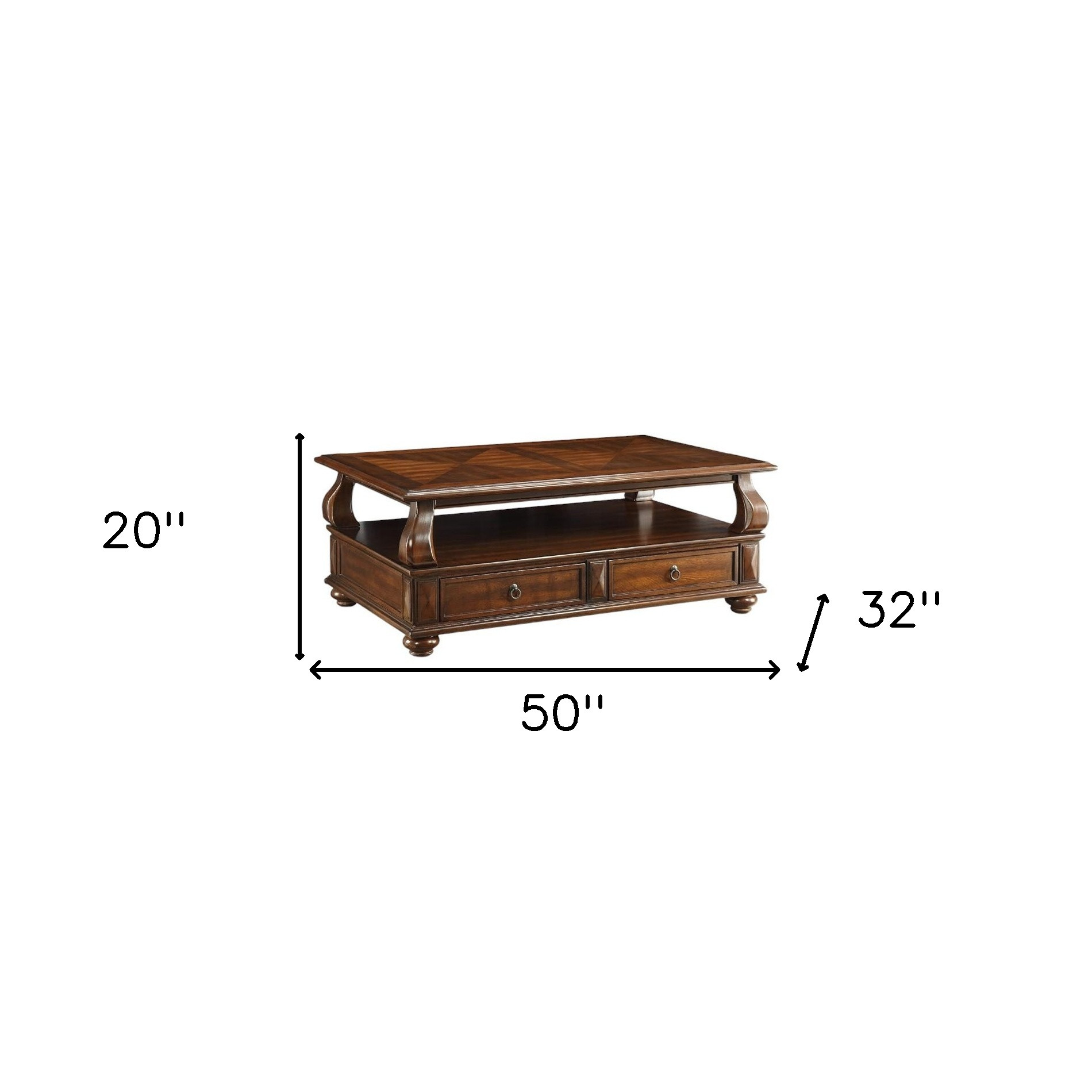 50" Dark Brown Solid Wood Coffee Table With Two Drawers And Shelf - Image 5