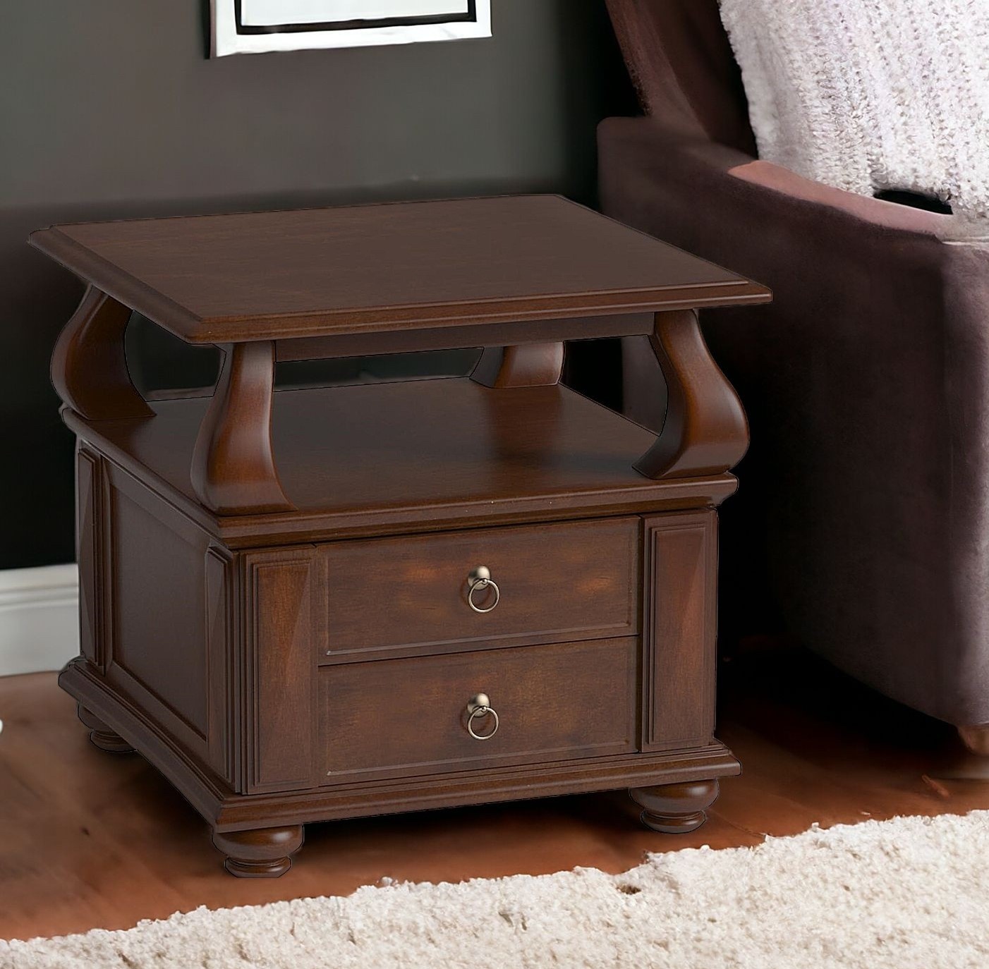 26" Brown Solid Wood Square End Table With Two Drawers And Shelf - Image 2