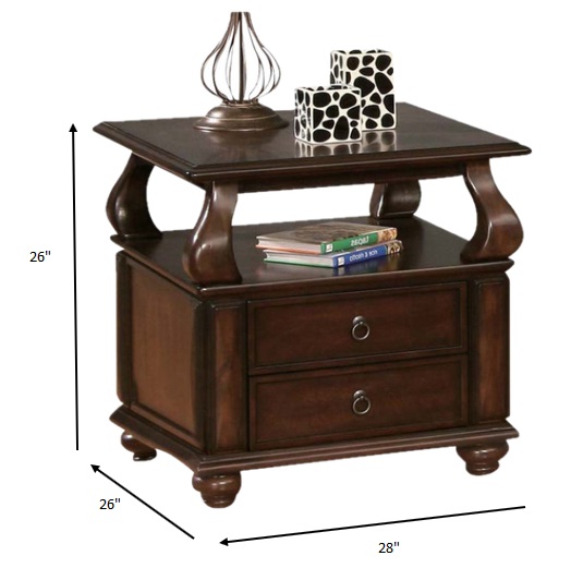 26" Brown Solid Wood Square End Table With Two Drawers And Shelf - Image 9