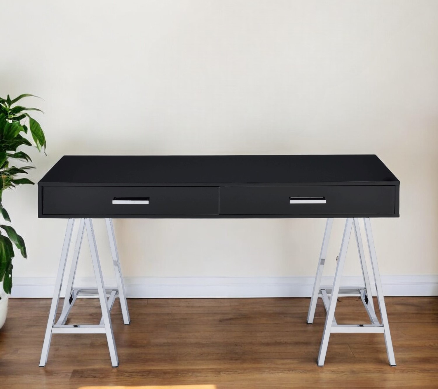 54" Black and Silver Writing Desk With Two Drawers - Image 2