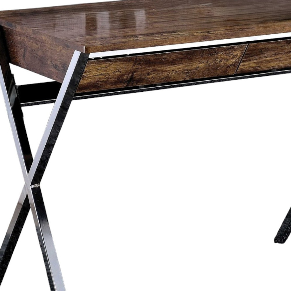 36" Brown and Silver Writing Desk With Two Drawers - Image 3