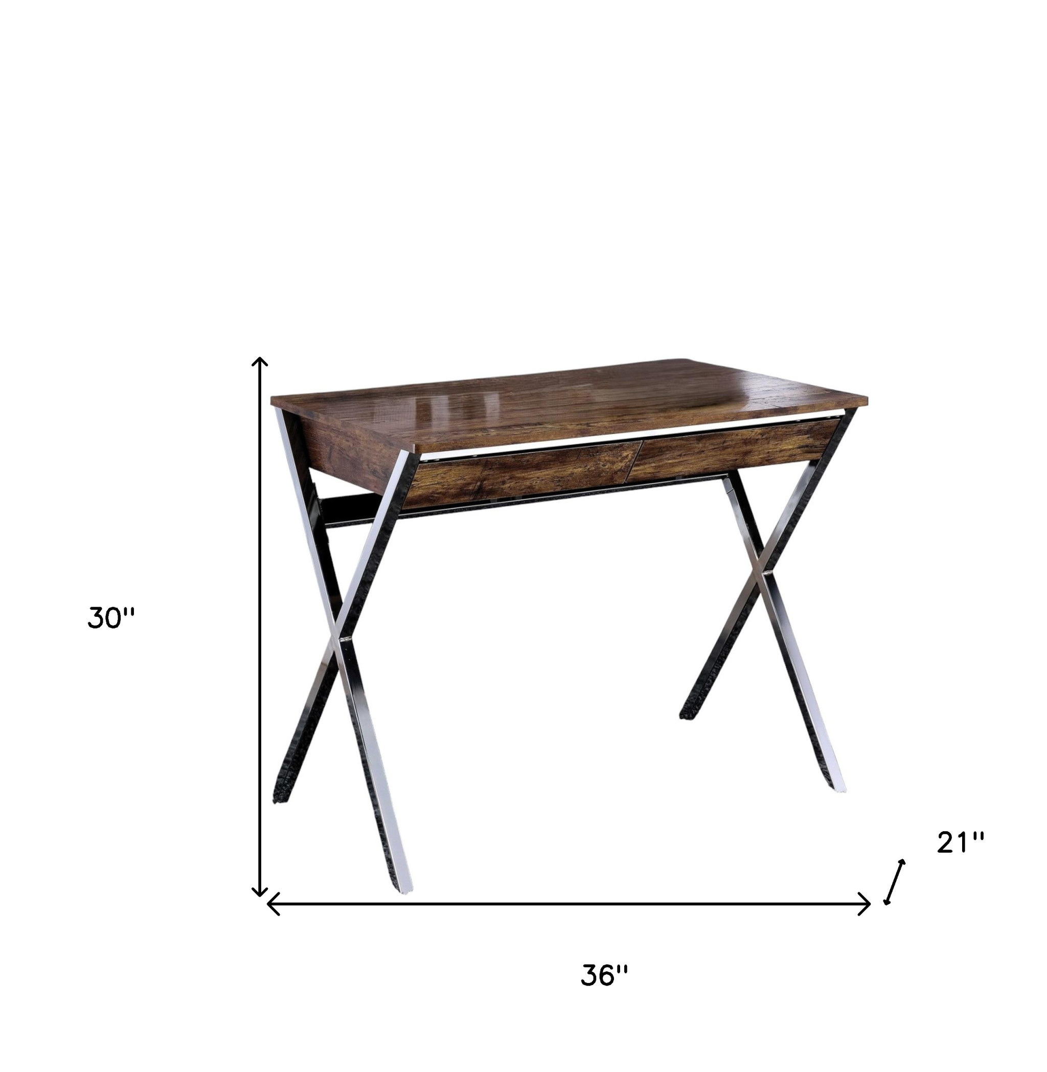 36" Brown and Silver Writing Desk With Two Drawers - Image 5