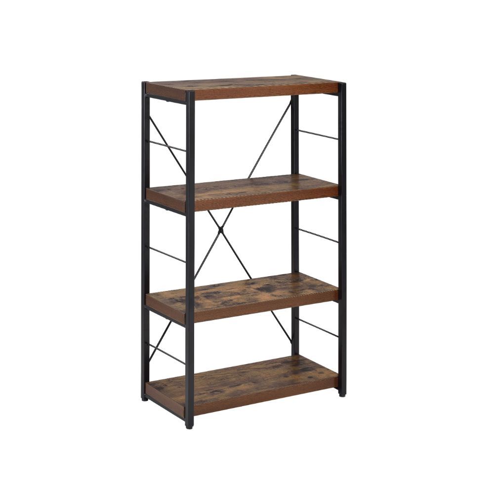 43" Black And Brown Distressed Metal and Wood Three Tier Etagere Bookcase - Image 2