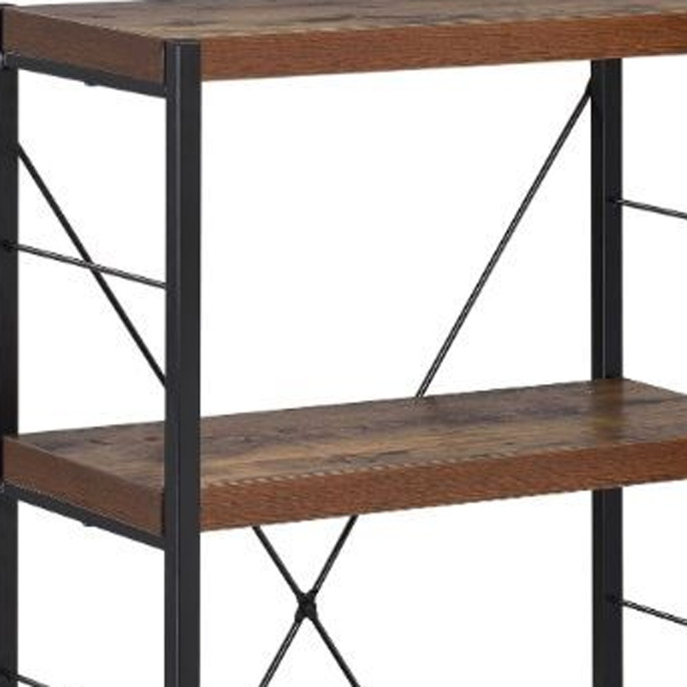 43" Black And Brown Distressed Metal and Wood Three Tier Etagere Bookcase - Image 5