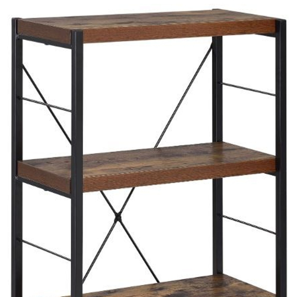 43" Black And Brown Distressed Metal and Wood Three Tier Etagere Bookcase - Image 6