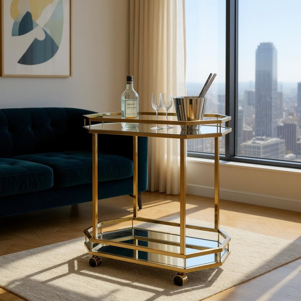 28" Champagne and Clear Glass and Iron Octagon Rolling Prep Table