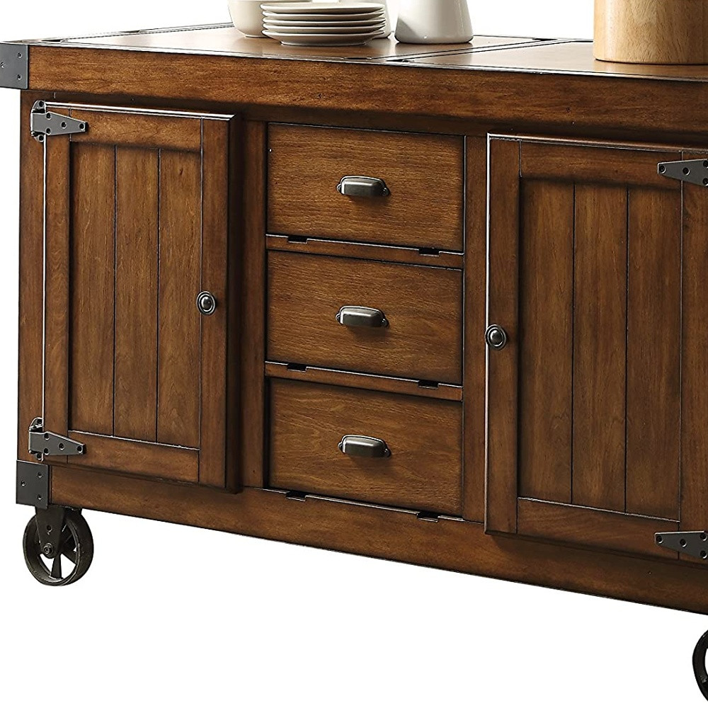 Rustic Farmhouse Warm Tobacco Rolling Kitchen Cart - Image 5