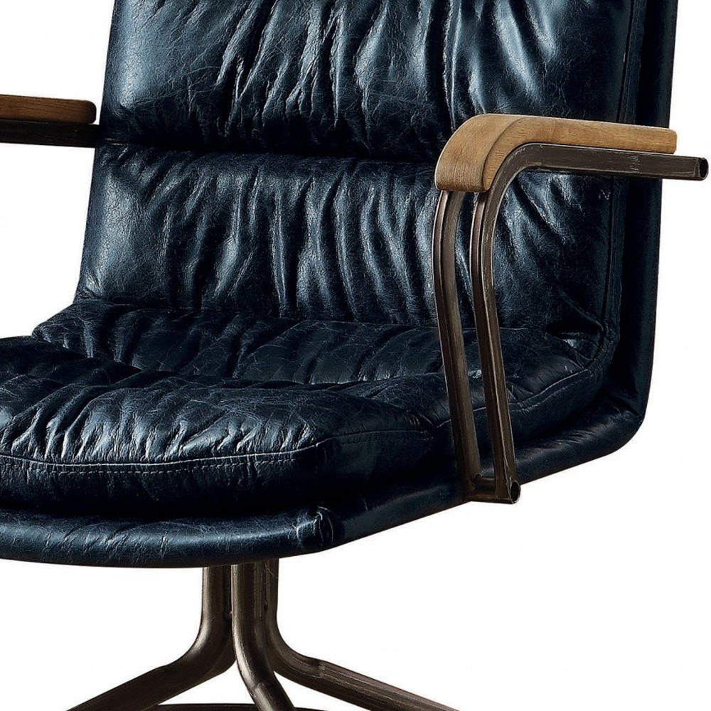 Navy Blue and Dark Brown Adjustable Swivel Leather Rolling Executive Office Chair - Image 2