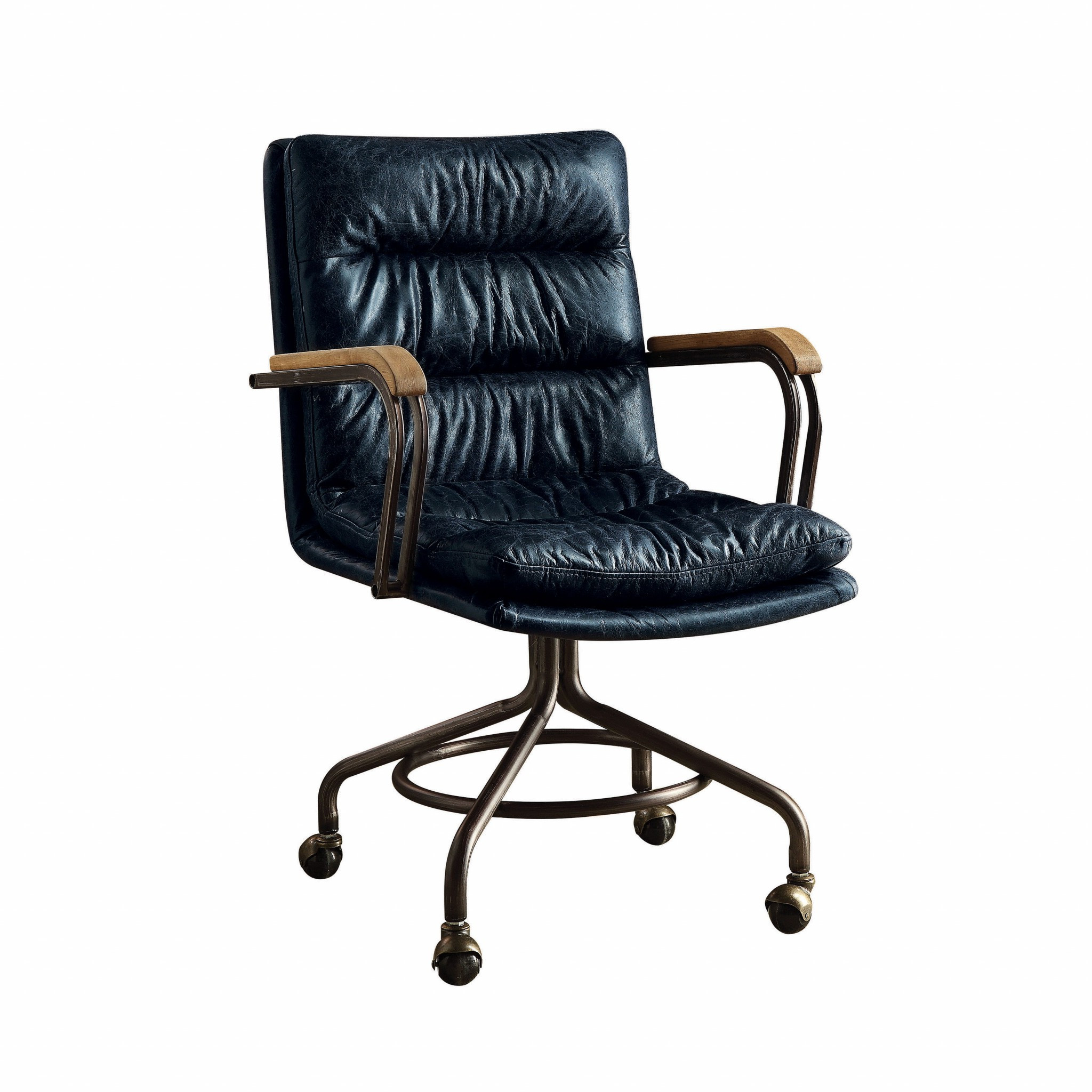 Navy Blue and Dark Brown Adjustable Swivel Leather Rolling Executive Office Chair - Image 3