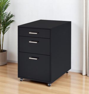 28" Black Wood And Metal Three Drawers Filing Cabinet