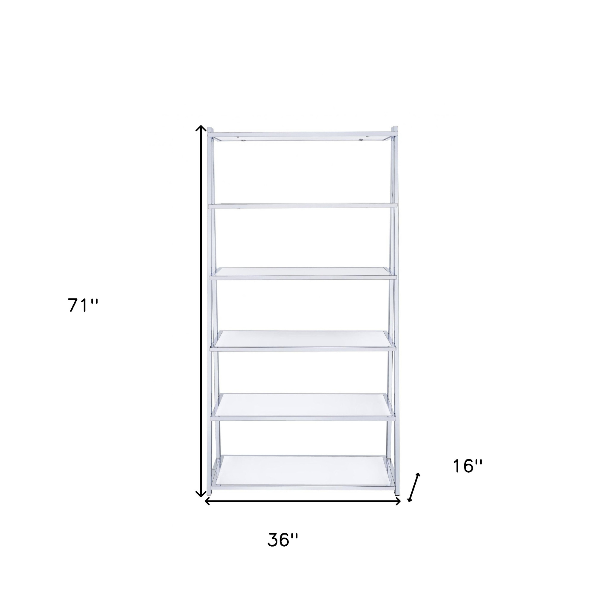 White And Silver Metal and Glass Five Tier Ladder Bookcase - Image 7