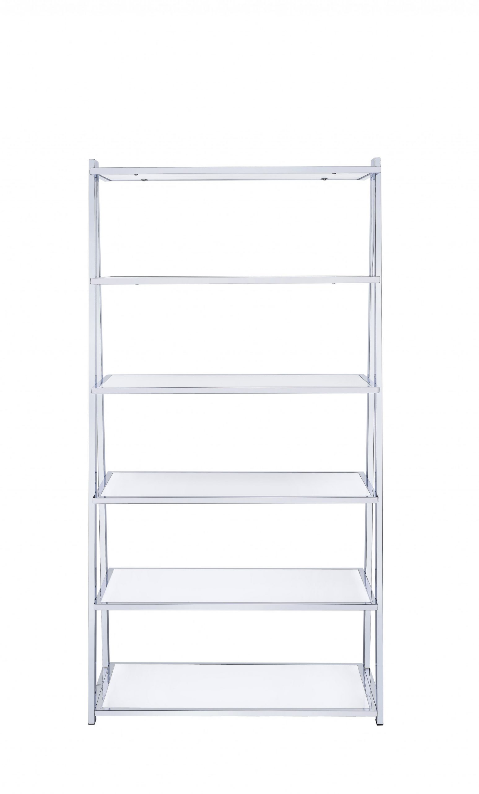 White And Silver Metal and Glass Five Tier Ladder Bookcase - Image 3