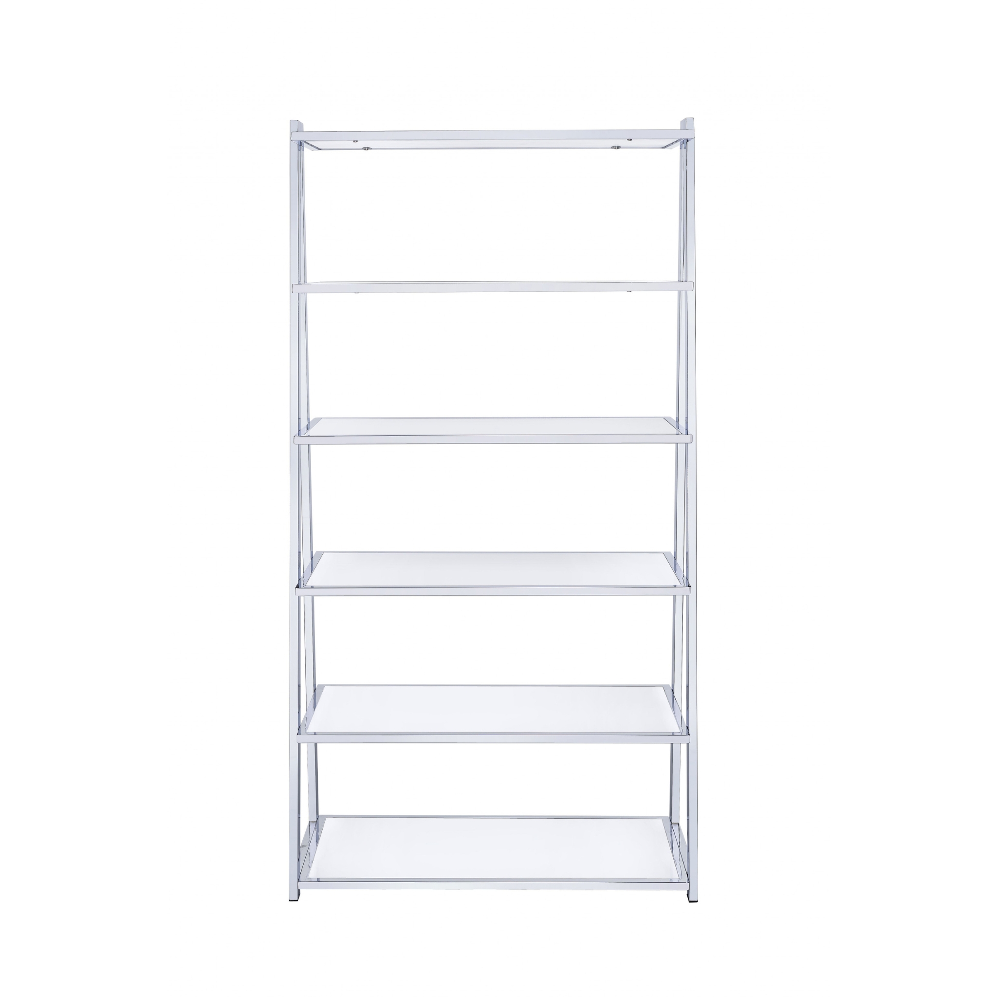 White And Silver Metal and Glass Five Tier Ladder Bookcase - Image 2