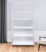 White And Silver Metal and Glass Five Tier Ladder Bookcase
