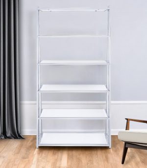 White And Silver Metal and Glass Five Tier Ladder Bookcase