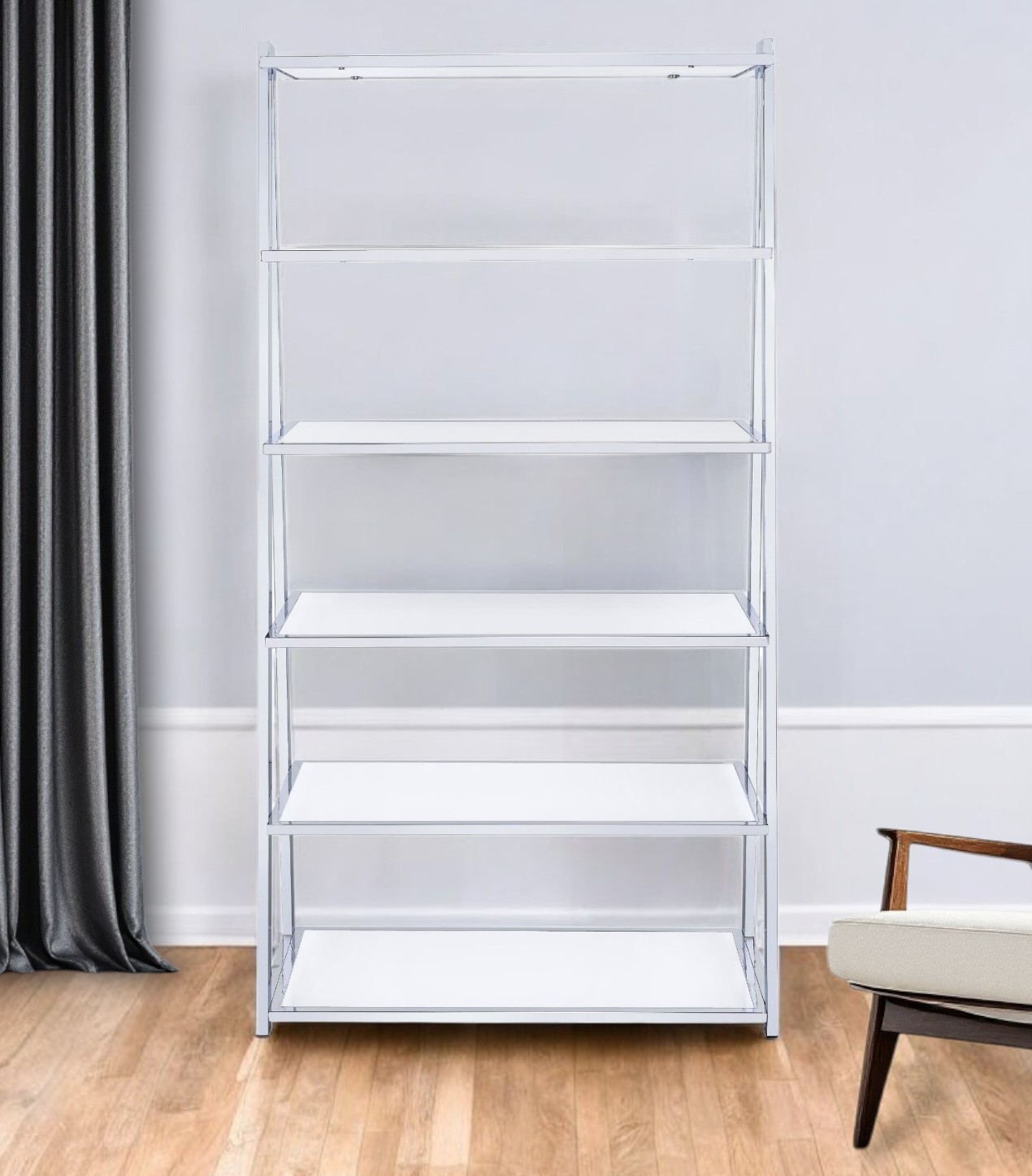 White And Silver Metal and Glass Five Tier Ladder Bookcase