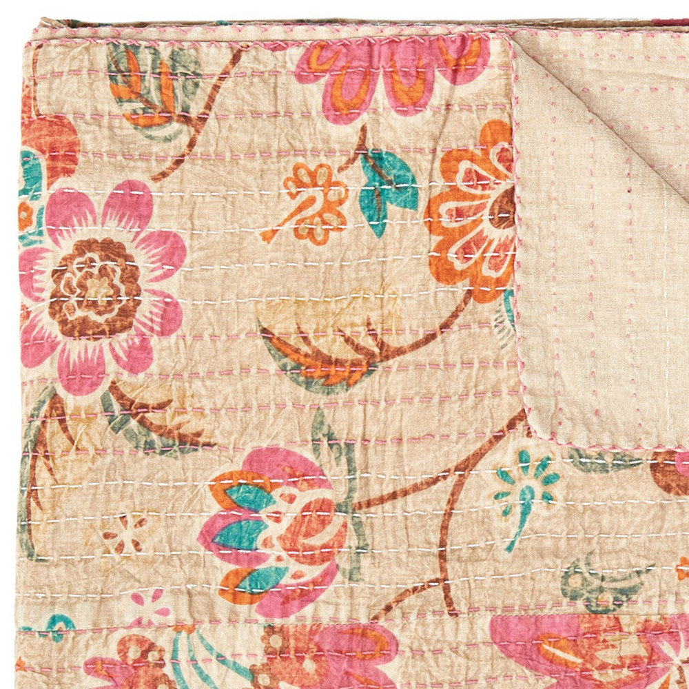 50" X 70" Beige Pink Orange and Green Cotton Kantha Floral Throw Throw Blanket with Embroidery - Image 6